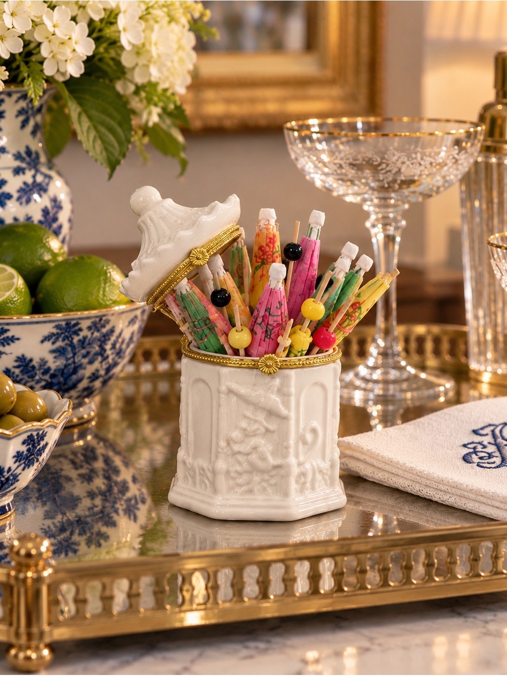 Chinoiserie Ceramic & Gold Toothpick Holder with Colorful Umbrellas